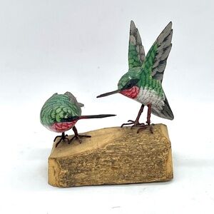 John J Madison Wildlife Hand Carved Painted Wood Ruby Throated Hummingbird Pair